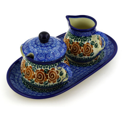 Polish Pottery Sugar and Creamer Set 10&quot; Brown Flower Swirl