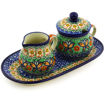 Polish Pottery Sugar and Creamer Set 10&quot; Butterfly Chain UNIKAT