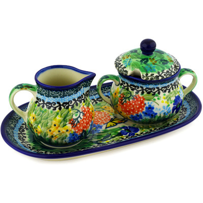 Polish Pottery Sugar and Creamer Set 10&quot; Butterfly Garden UNIKAT