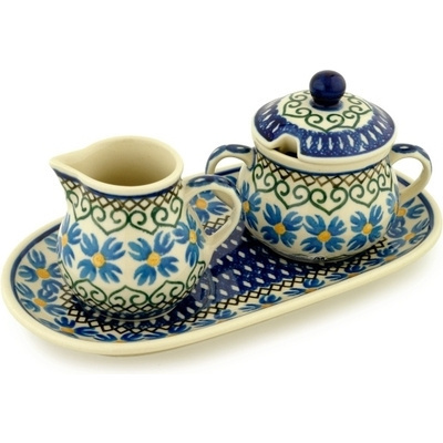 Polish Pottery Sugar and Creamer Set 10&quot; Chickory Heart Vines