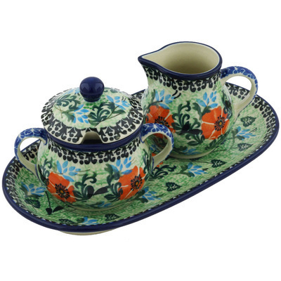 Polish Pottery Sugar and Creamer Set 10&quot; Country Spring UNIKAT