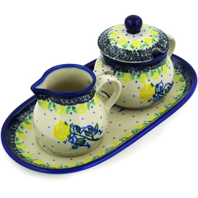 Polish Pottery Sugar and Creamer Set 10&quot; Cupid&#039;s Yellow Rose