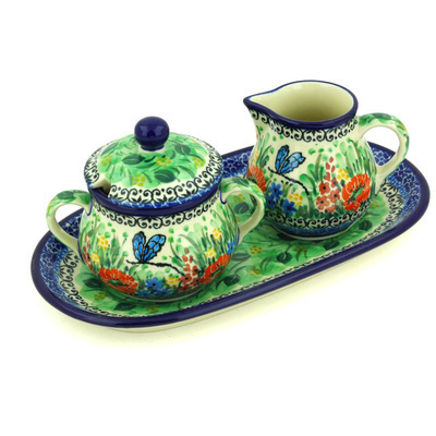 Polish Pottery Sugar and Creamer Set 10&quot; Dragonfly Meadow UNIKAT