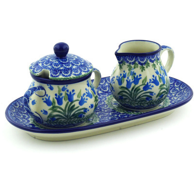 Polish Pottery Sugar and Creamer Set 10&quot; Feathery Bluebells
