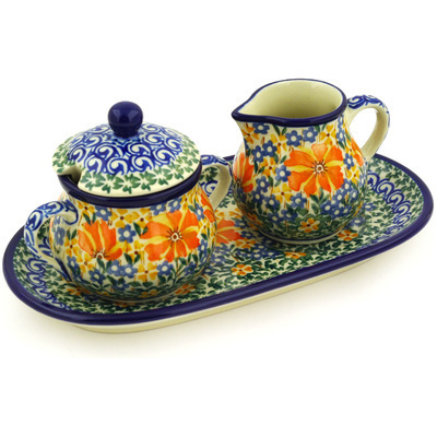 Polish Pottery Sugar and Creamer Set 10&quot; Fire Patch UNIKAT