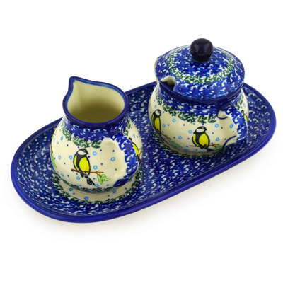 Polish Pottery Sugar and Creamer Set 10&quot; Happy Goldfinch