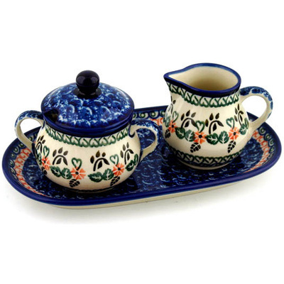 Polish Pottery Sugar and Creamer Set 10&quot; Heart Leaves