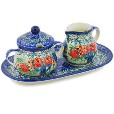Polish Pottery Sugar and Creamer Set 10&quot; Hummingbird Bouquet UNIKAT
