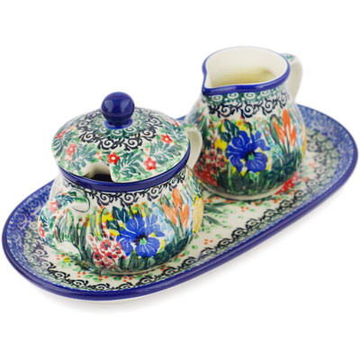 Polish Pottery Sugar and Creamer Set 10&quot; Iris Bouquet UNIKAT