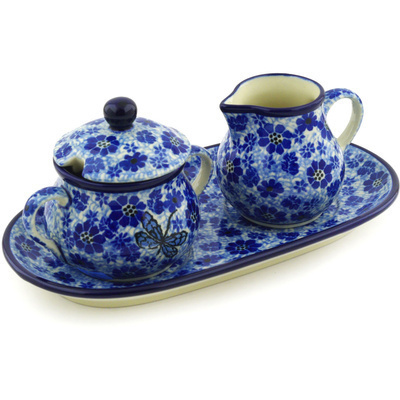 Polish Pottery Sugar and Creamer Set 10&quot; Misty Dragonfly