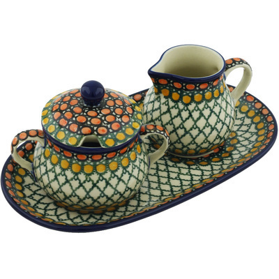 Polish Pottery Sugar and Creamer Set 10&quot; Orange Tranquility UNIKAT