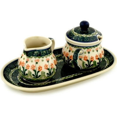 Polish Pottery Sugar and Creamer Set 10&quot; Peach Spring Daisy