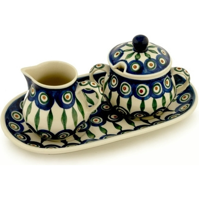 Polish Pottery Sugar and Creamer Set 10&quot; Peacock Leaves