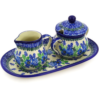 Polish Pottery Sugar and Creamer Set 10&quot; Pretty In Blue