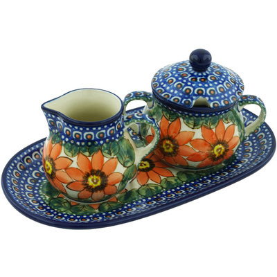 Polish Pottery Sugar and Creamer Set 10&quot; Red Blooms UNIKAT