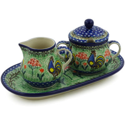 Polish Pottery Sugar and Creamer Set 10&quot; Rooster Dance UNIKAT