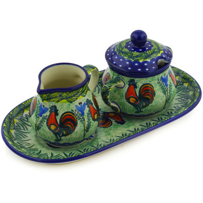 Polish Pottery Sugar and Creamer Set 10&quot; Rooster Parade UNIKAT