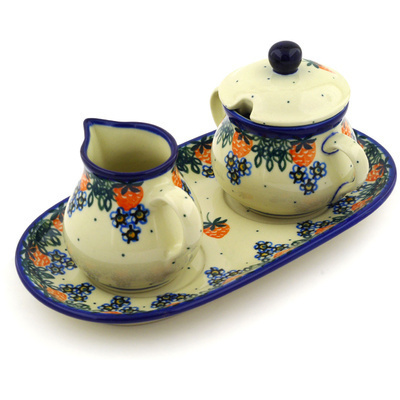 Polish Pottery Sugar and Creamer Set 10&quot; Strawberry Fever