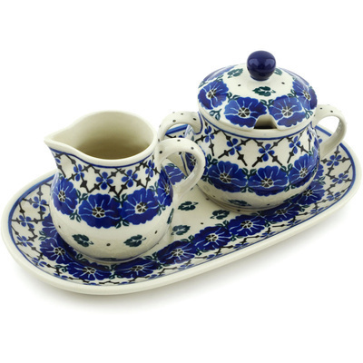 Polish Pottery Sugar and Creamer Set 10&quot; Swirling Leaves