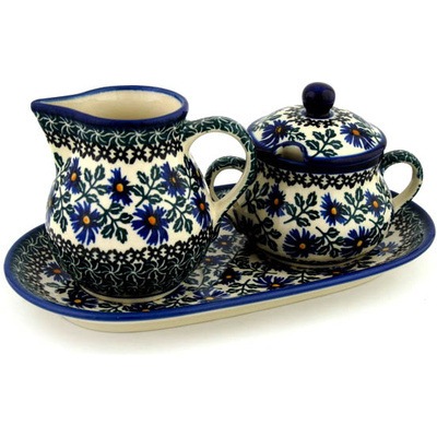 Polish Pottery Sugar and Creamer Set 11&quot; Blue Chicory
