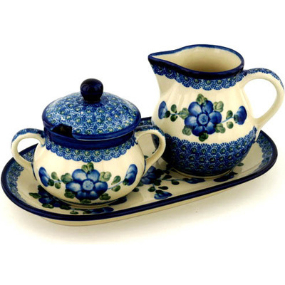 Polish Pottery Sugar and Creamer Set 11&quot; Blue Poppies