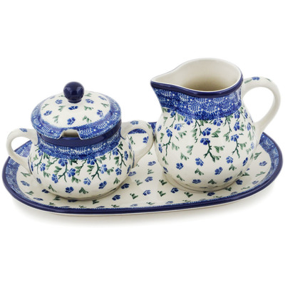 Polish Pottery Sugar and Creamer Set 11&quot; Cascading Blue Blossoms