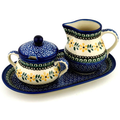 Polish Pottery Sugar and Creamer Set 11&quot; Golden Daisy Swirl