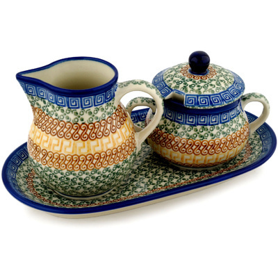 Polish Pottery Sugar and Creamer Set 11&quot; Grecian Sea