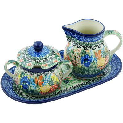 Polish Pottery Sugar and Creamer Set 11&quot; Iris Bouquet UNIKAT
