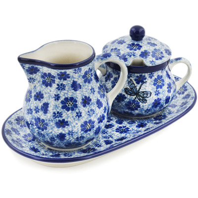 Polish Pottery Sugar and Creamer Set 11&quot; Misty Dragonfly