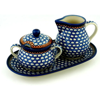 Polish Pottery Sugar and Creamer Set 11&quot; Peacock Rain