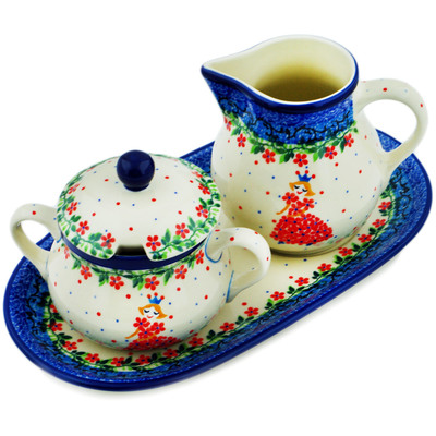 Polish Pottery Sugar and Creamer Set 11&quot; Princess In A Red Dress