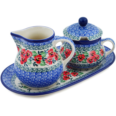 Polish Pottery Sugar and Creamer Set 11&quot; Red Pansy