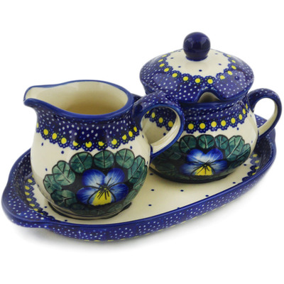 Polish Pottery Sugar and Creamer Set 9&quot; Flower In The Grass UNIKAT