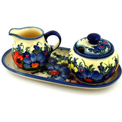 Polish Pottery Sugar and Creamer Set 9&quot; Summertime Blues UNIKAT