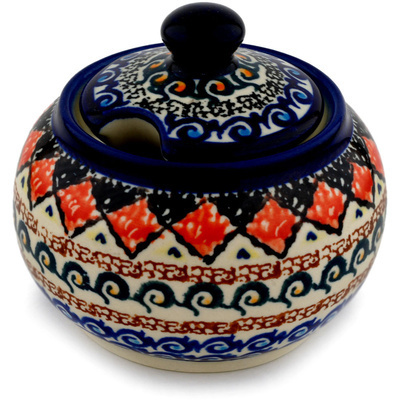 Polish Pottery Sugar Bowl 10 oz Coral Diamonds UNIKAT