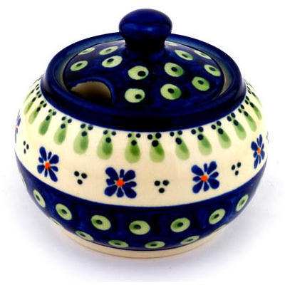 Polish Pottery Sugar Bowl 10 oz Green Gingham Peacock