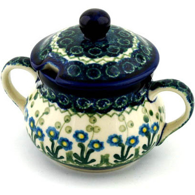 Polish Pottery Sugar Bowl 11 oz Blue Daisy Circle