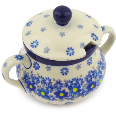 Polish Pottery Sugar Bowl 11 oz Blue Flower Crown