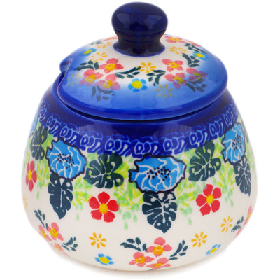 Polish Pottery Sugar Bowl 11 oz Monstera Blooms UNIKAT