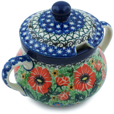 Polish Pottery Sugar Bowl 11 oz Poppy Parade UNIKAT