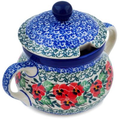 Polish Pottery Sugar Bowl 11 oz Red Pansy