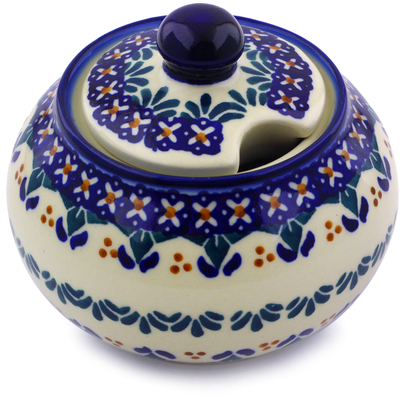 Polish Pottery Sugar Bowl 12 oz Blue Cress