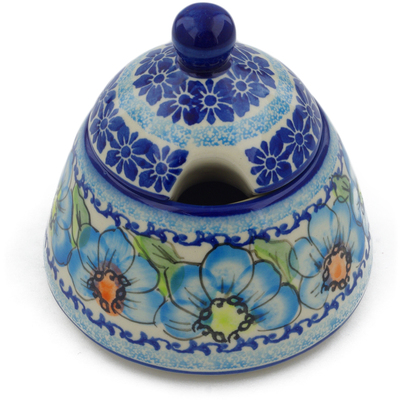 Polish Pottery Sugar Bowl 12 oz Bold Blue Poppies UNIKAT