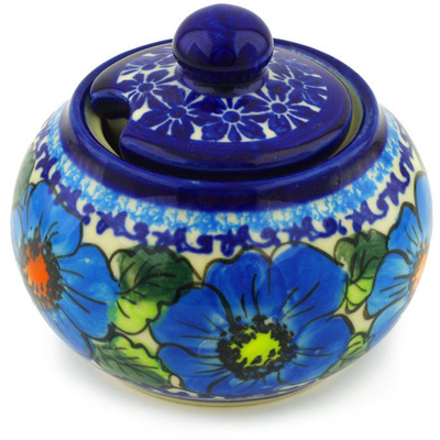 Polish Pottery Sugar Bowl 12 oz Bold Blue Poppies UNIKAT