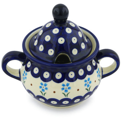 Polish Pottery Sugar Bowl 12 oz Sky Blue Daisy