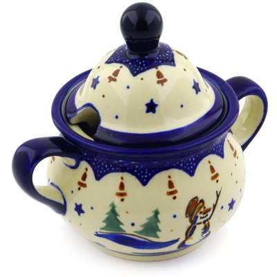 Polish Pottery Sugar Bowl 12 oz Snowman Bells