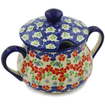 Polish Pottery Sugar Bowl 15 oz Red Chains UNIKAT