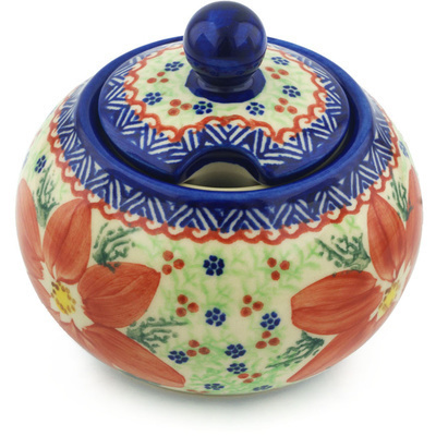 Polish Pottery Sugar Bowl 18 oz Poinsettia UNIKAT