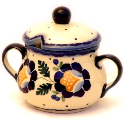 Polish Pottery Sugar Bowl 3 oz Orange And Blue Flower